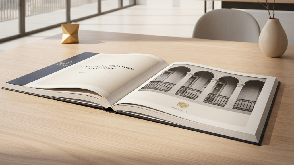 beau livre ouvert sur l'architecture posé sur une table couverture cartonné